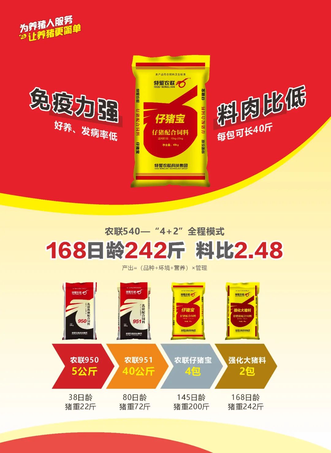 張老板：料肉比1.77，一包料長45.2斤豬，確實不錯！