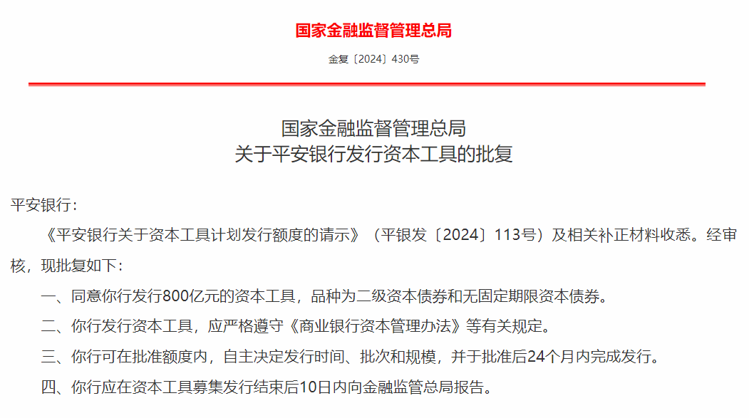 金融監管總局批復！平安銀行獲批發行800億元資本債