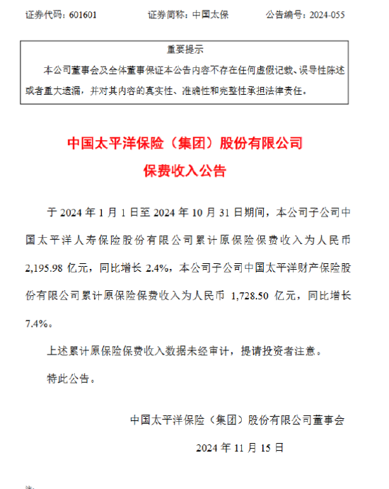 中國太保：前10月太保壽險原保險保費收入2195.98億元，同比增長2.4%
