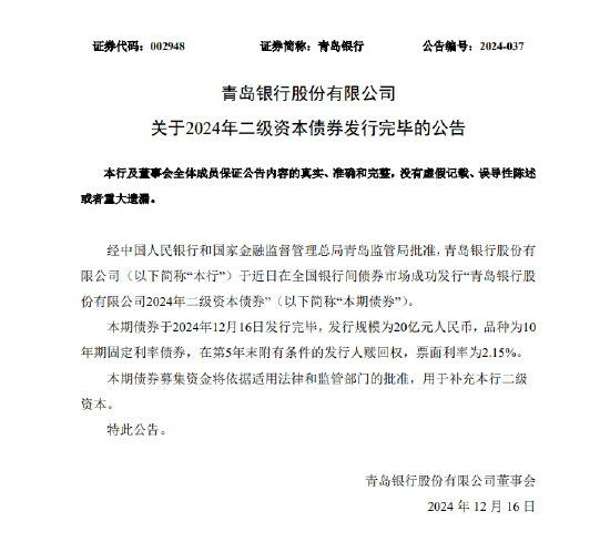 青島銀行：完成發行20億元二級資本債券
