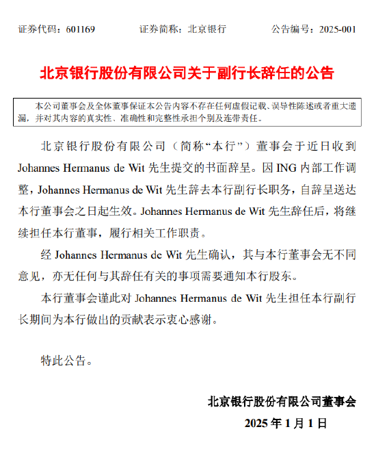 北京銀行：副行長Johannes Hermanus de Wit辭任