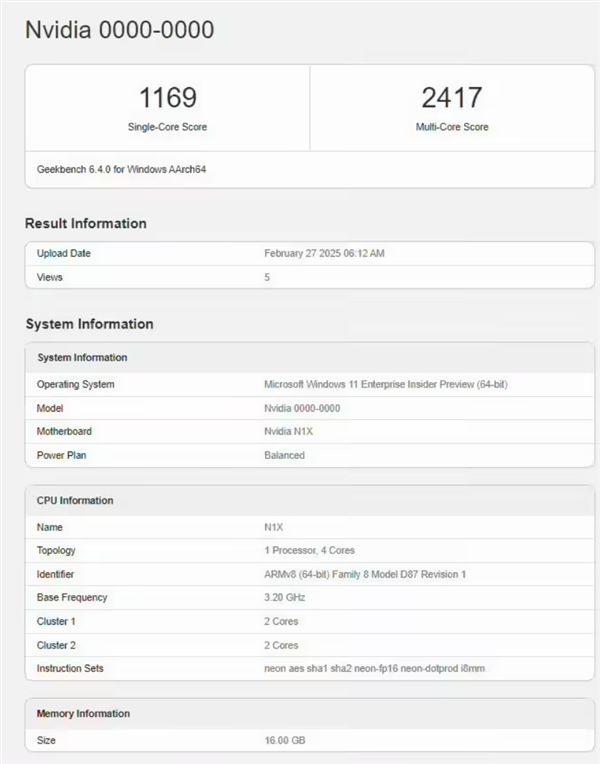 NVIDIA首款Arm PC芯片首度現身跑分！成績不太理想