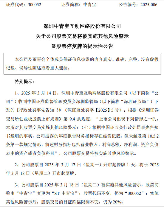 中青寶、華聞集團(tuán)均公告稱，將被實(shí)施其他風(fēng)險(xiǎn)警示