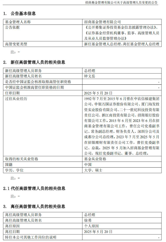 招商基金總經(jīng)理更迭：徐勇任期屆滿卸任，“老將”鐘文岳回歸接棒